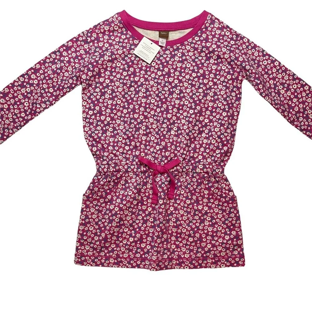 Tea Collection Ditsy Drawstring Dress Girls Size‎ 5 100% Cotton Pink, Floral NEW